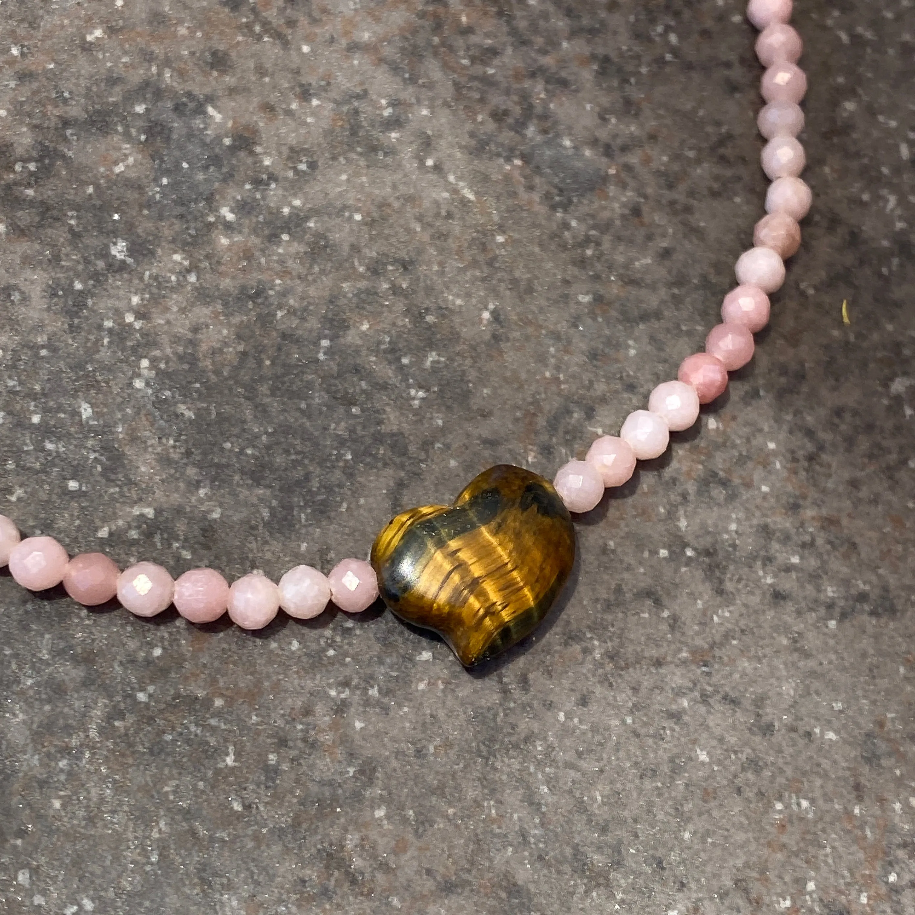 Women's Tiger Eye heart Pink Opal or Turquoise Gemstone beaded Necklace