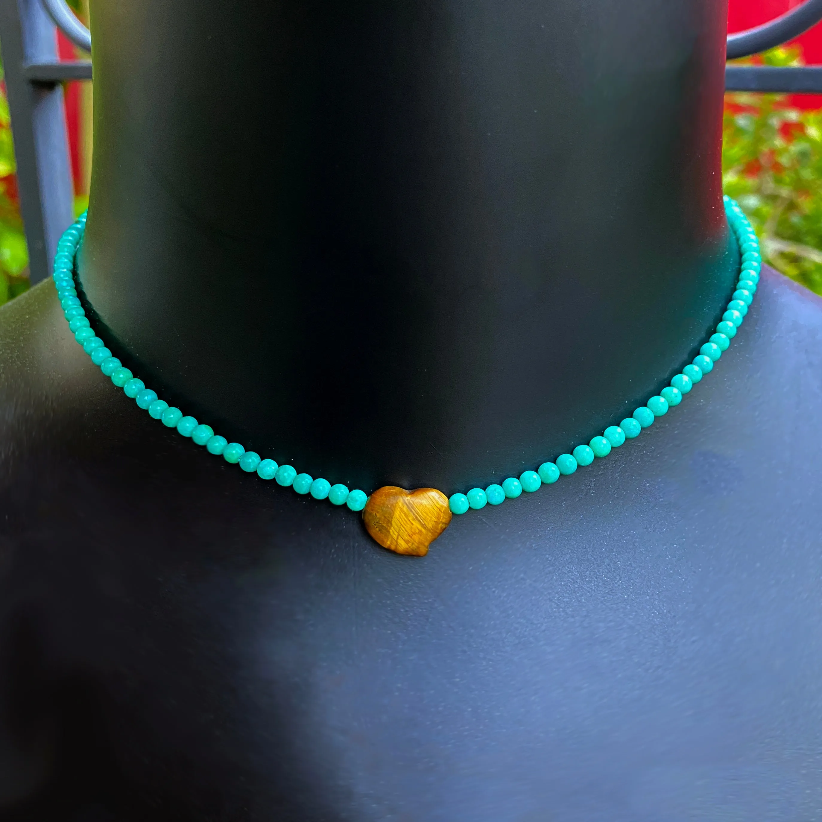Women's Tiger Eye heart Pink Opal or Turquoise Gemstone beaded Necklace