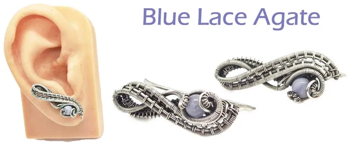 Woven Sterling Silver and Custom Gemstone Ear Pins; "Ball Ribbon" Model
