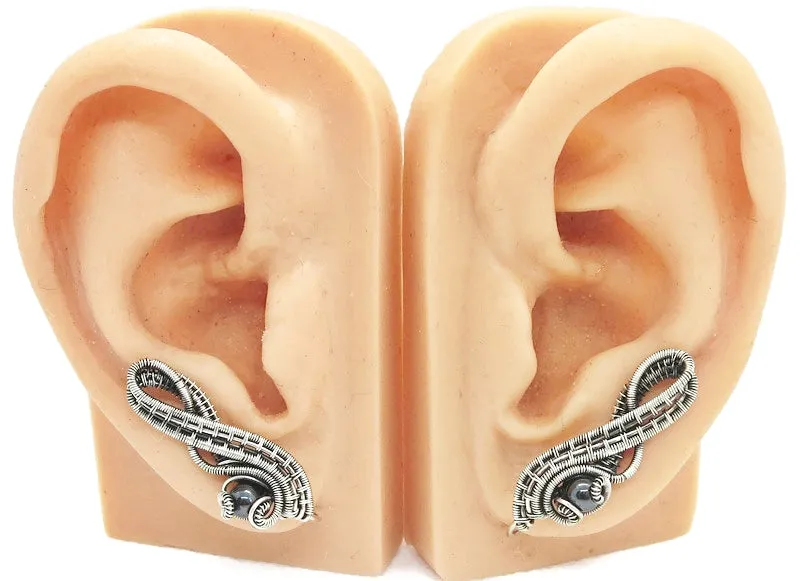 Woven Sterling Silver and Custom Gemstone Ear Pins; "Ball Ribbon" Model