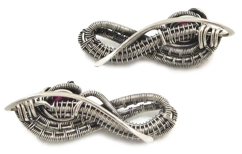 Woven Sterling Silver and Custom Gemstone Ear Pins; "Ball Ribbon" Model
