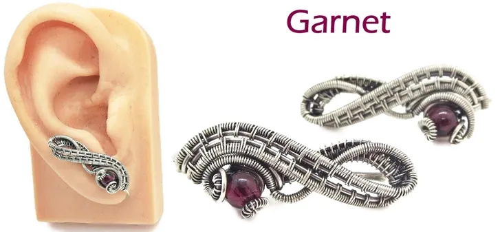 Woven Sterling Silver and Custom Gemstone Ear Pins; "Ball Ribbon" Model
