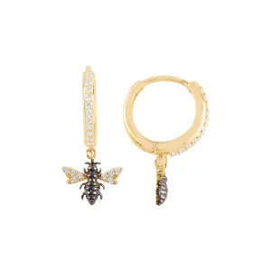 Yellow Gold Huggie Hoop and Bee Charm Earrings