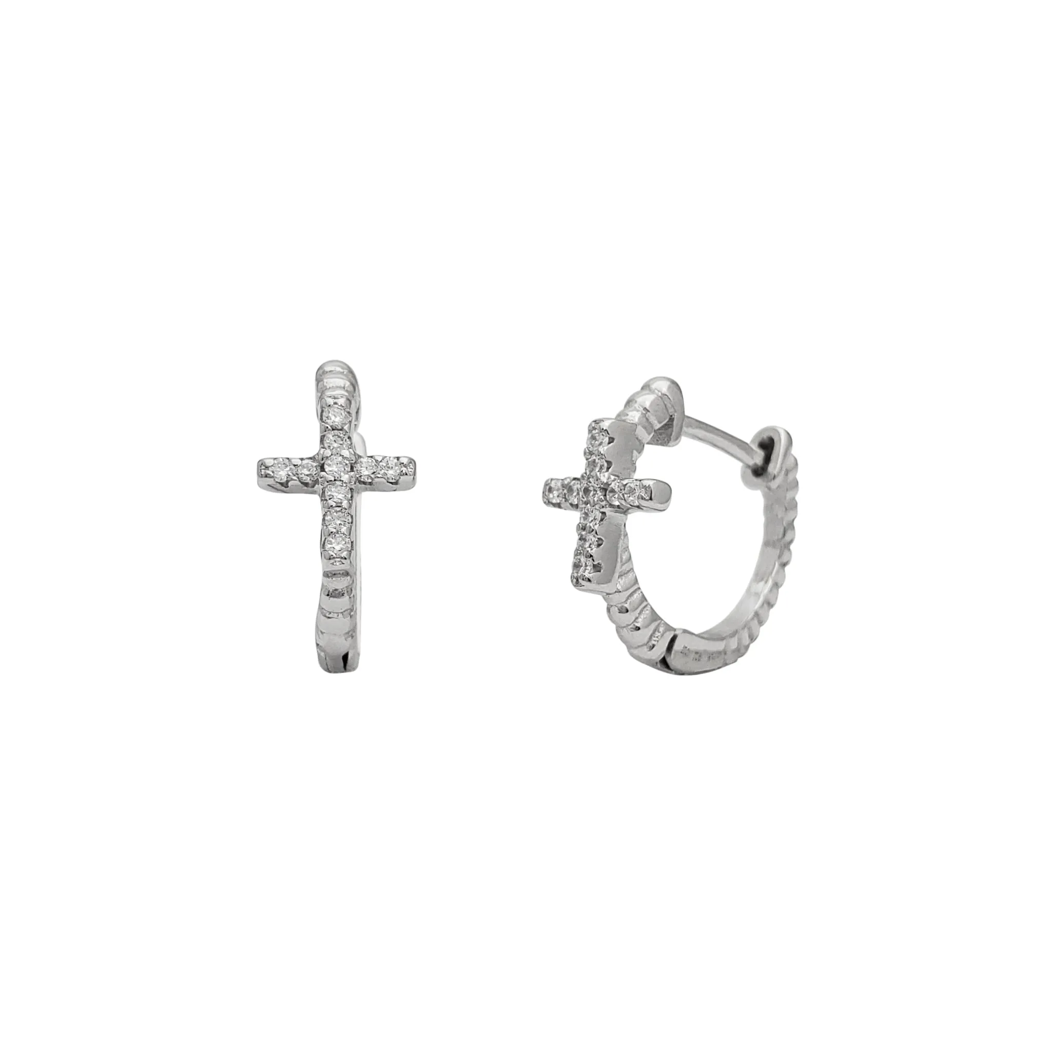 Zirconia Beaded Cross Huggie Earrings (Silver)