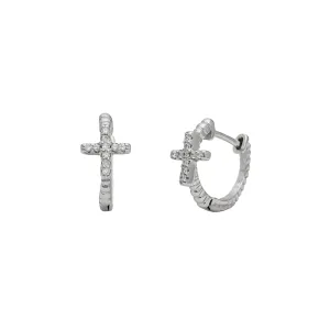 Zirconia Beaded Cross Huggie Earrings (Silver)